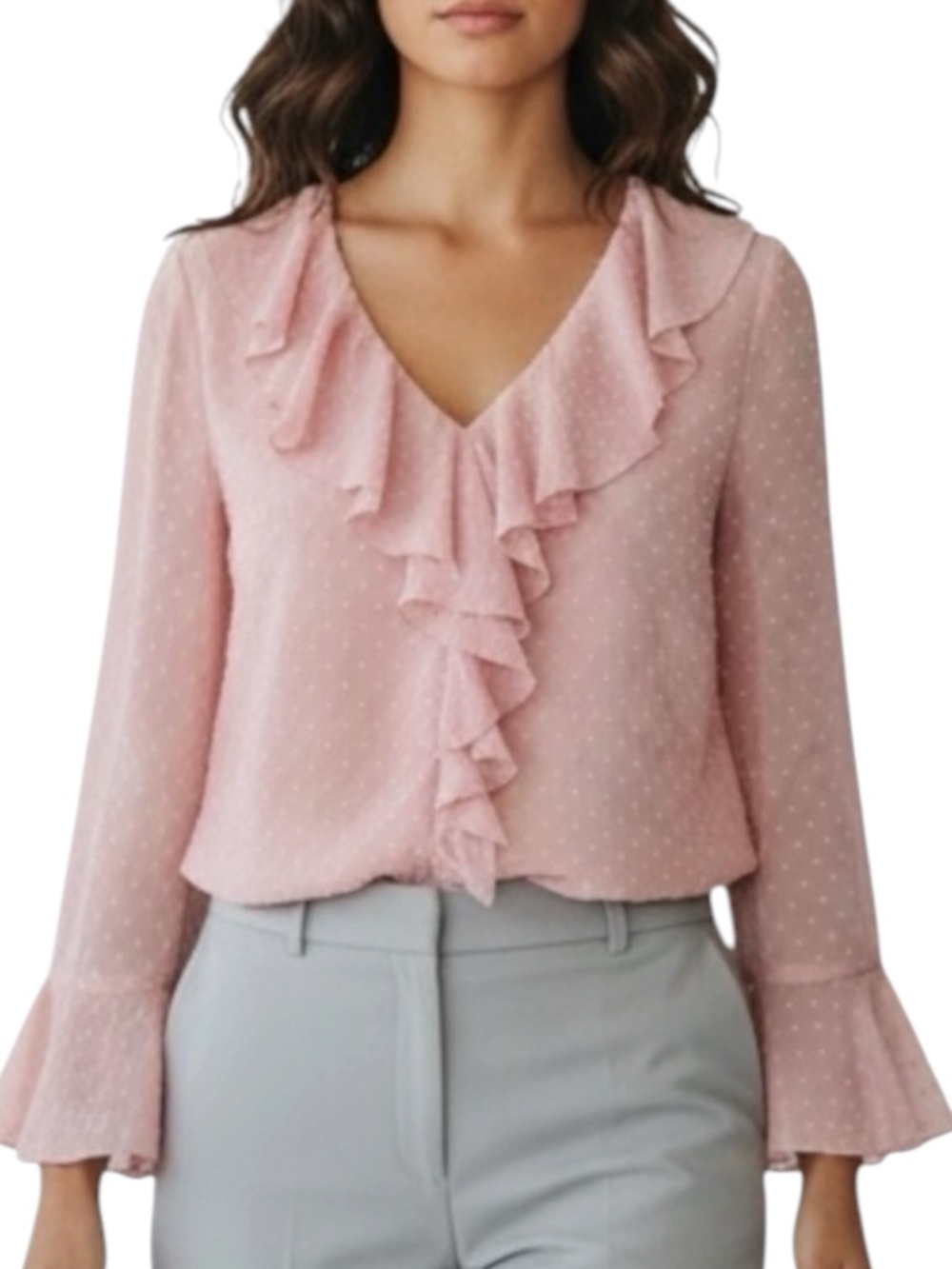 LOFT Swiss Dot V-Neck Ruffle Peasant Sleeve Bouse in Baby Pink Size XSP -- SWEET